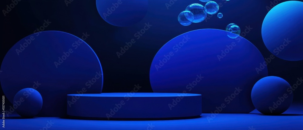 Poster Abstract Blue Geometric Shapes with Bubbles: 3D Render for Product Display