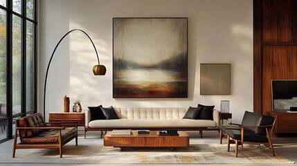 A sophisticated living room with a tall arc floor lamp casting soft light over a modern sofa, complemented by minimalist decor, sleek wooden furniture, and an abstract rug,