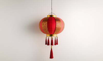 red paper lantern with intricate golden patterns and tassels hanging below