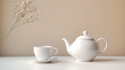 Fototapeta premium White teacup and teapot set on a table.
