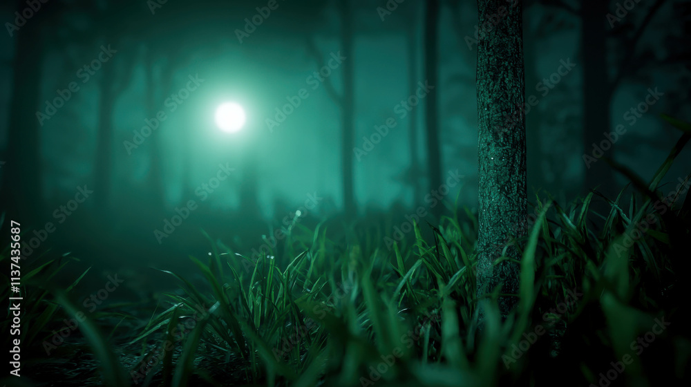 Poster lone camper in dense forest using flashlight at night with mysterious light source