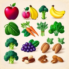 Healthy Food Collection Showing Fruits Vegetables and Nuts