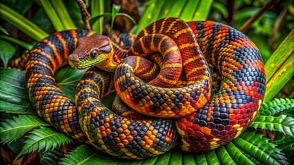 Naklejka premium Captivating Drone Photography of an Amazon Bushmaster Snake Coiled in Lush Underbrush, Showcasing Its Intricate Scales and Textural Patterns in a Natural Habitat Setting