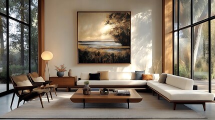 A stylish and functional living room combining modular furniture with built-in smart storage solutions, accentuated by a balanced blend of wood and metal decor,