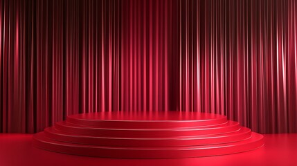 Elegant Red Stage with Circular Platform and Curtains Perfect for Award Ceremonies, Product Launches, or Presentations