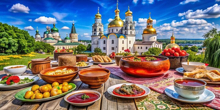 Captivating Food Photography Featuring Traditional Ukrainian Cuisine Near the Assumption Cathedral of Pochaev Lavra with Scenic Surroundings and Rich Cultural Heritage