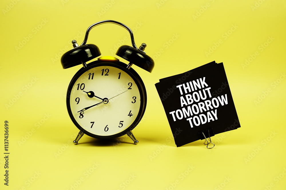 Poster think about tomorrow today text message on paper card with alarm clcok on yellow background