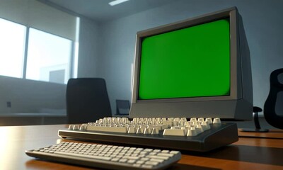 Old computer setup with a blank green screen in an office environment.