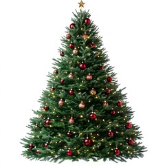 Fototapeta premium Decorated Christmas Tree With Red Ornaments And Lights