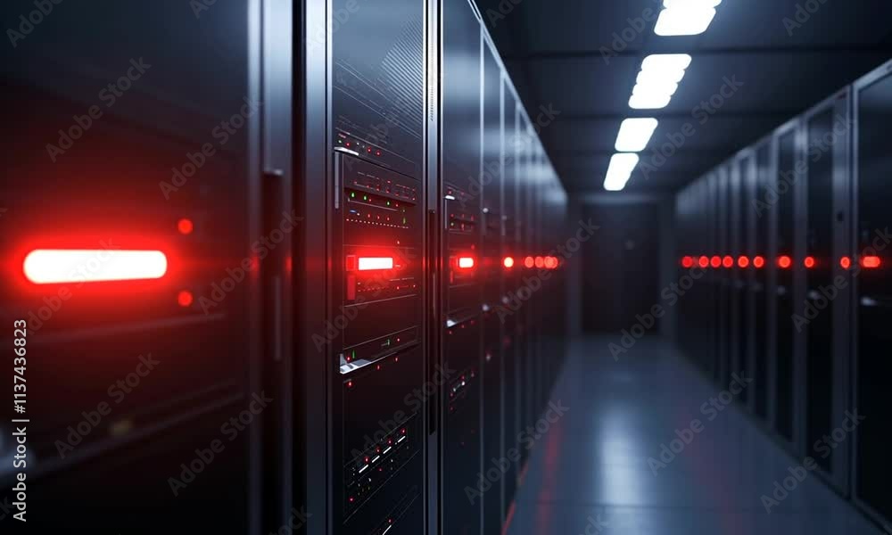 Poster a futuristic data center with illuminated server racks and a modern design.