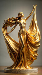 Golden statue of a graceful woman in flowing fabric conveying elegance against a neutral background