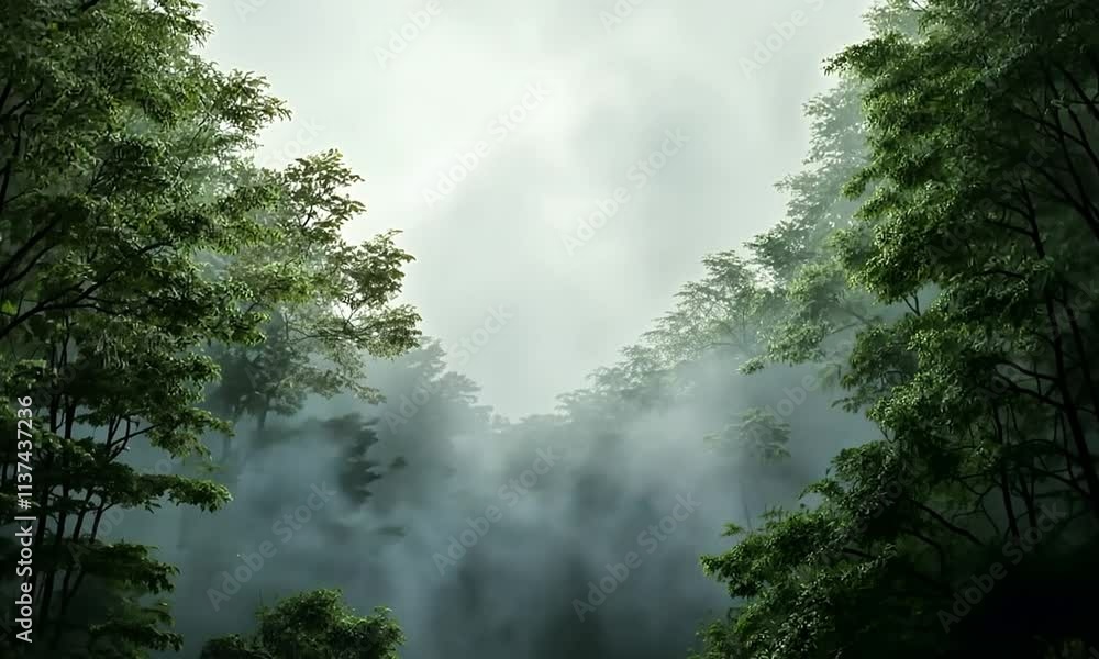 Poster a serene forest enveloped in mist with soft light peeking through the trees.