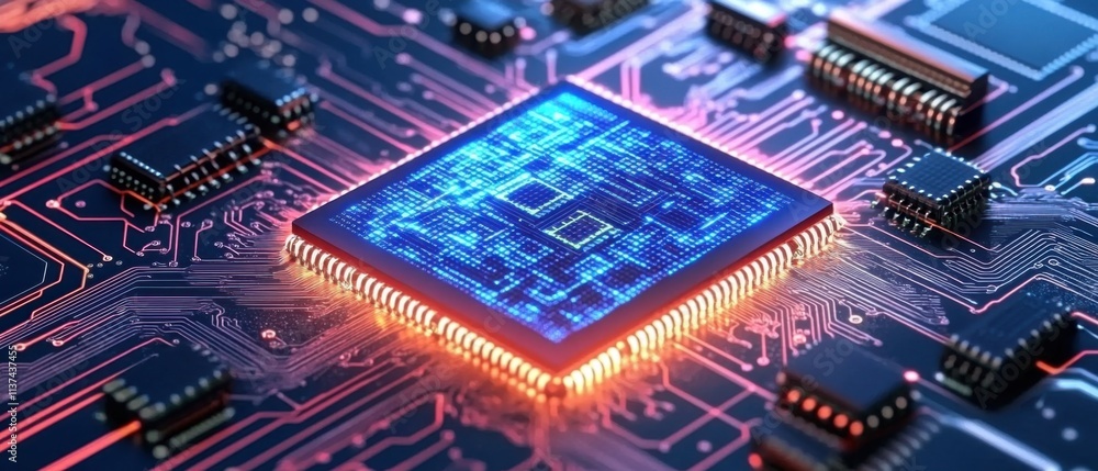 Poster highresolution closeup of illuminated microchip on circuit board