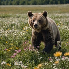 Fototapeta premium A bear cub rolling in a flower-filled field, under a white, cloudless sky.
