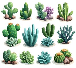 A Collection Of Diverse Cacti And Succulents Illustrated