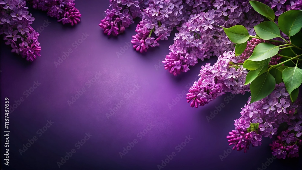 Poster captivating panoramic view of beautiful lilac sprigs on a rich purple background with ample copy spa