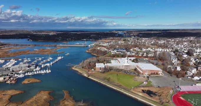 Gloucester, MA, USA - November 29, 2024:  Autumn aerial, drone, video of the City of Gloucester, Massachusetts, MA, USA.