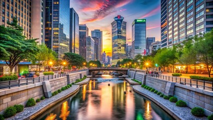 Fototapeta premium Captivating Product Photography of Cheonggyecheon River in the Heart of Seoul, Featuring Stunning Skyscrapers and a Vibrant Cityscape at Dusk