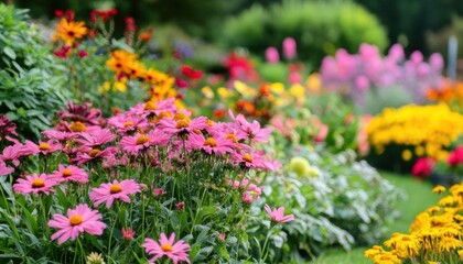 A vibrant garden filled with colorful flowers in bloom.