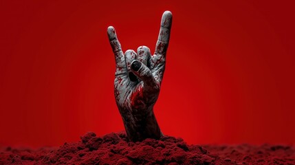 Dark concept of a hand emerging from the ground in rock and roll gesture against a vivid red background, symbolizing rebellion, music, and energy.