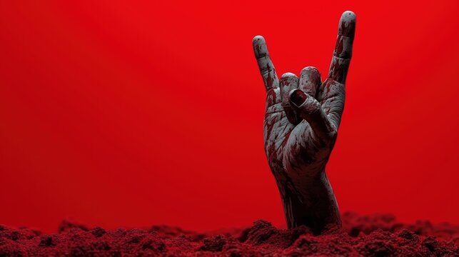 Dark concept of a hand emerging from the ground in rock and roll gesture against a vivid red background, symbolizing rebellion, music, and energy.