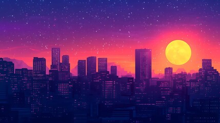 Obraz premium Stunning Night Cityscape with a Giant Yellow Moon Perfect for Retro Futuristic Designs, Cyberpunk Art, and City Themed Projects