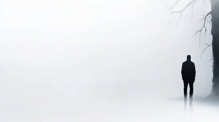 Mysterious Silhouette Amidst Foggy Landscape in Black and White