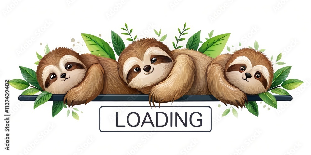 Aufkleber cute sloth sleeping on loading icon with text - minimalist design for relaxation and loading concept