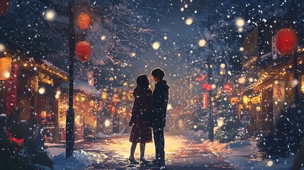 Obraz premium Romantic Couple Sharing an Intimate Moment Under a Red Umbrella During a Snowfall in a Charming Town