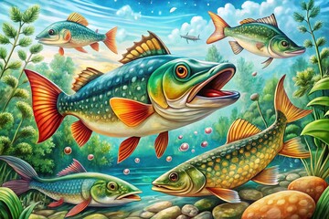 Cartoon Fish Sketch: Pike, Eel, Catfish, Carp River Illustrations