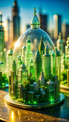 Miniature green cityscape under a glass dome showcasing futuristic architecture and greenery
