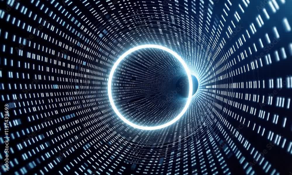 Poster a futuristic tunnel of light with data streams creating a digital vortex effect.