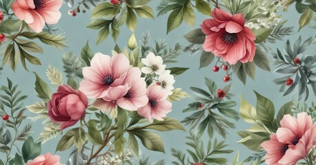 Fototapeta premium Botanical holiday photo cards featuring watercolor botanical illustrations of winter flowers and leaves, floral arrangement, organic