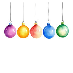 Five watercolor Christmas ornaments painted in vibrant purple, yellow, red, blue, and green, hanging on strings, isolated on white. Concept: holiday decor.

