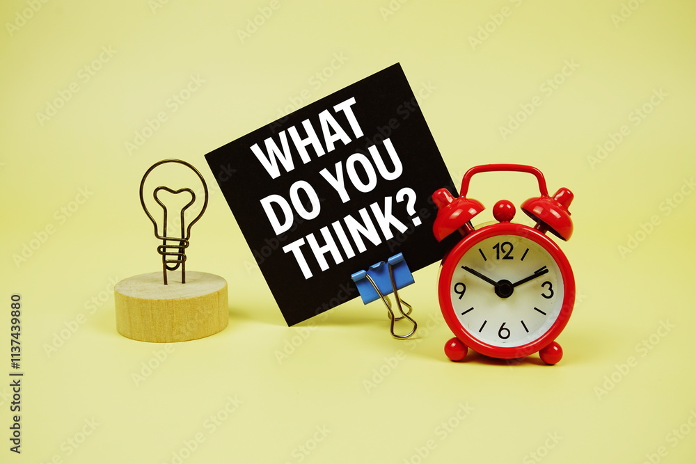 Poster what do you think? text message on sticky note with magnifying glass and alarm clock on yellow backg