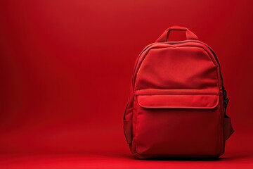 Fototapeta premium Red backpack on red background; perfect for school, travel, or promotional material. Illustrates simplicity, vibrancy, and potential.
