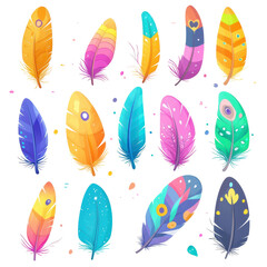 Multicolored feathers neatly arranged in a row on a white background, featuring vibrant orange, yellow, purple, pink, and green tones. Concept: color diversity.

