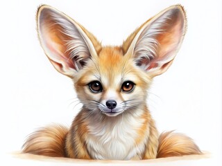 Charming Illustration of a Pretty Fennec Fox Isolated on a White Background, Showcasing Its Large Ears and Playful Expression with Natural Color Palette and Soft Textures