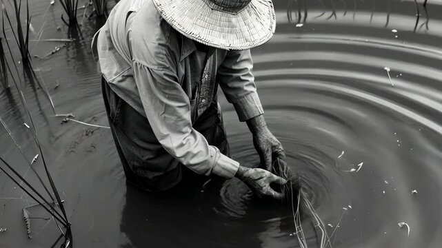 Aged Asian farmer meticulously planting rice in a flooded field, traditional straw hat