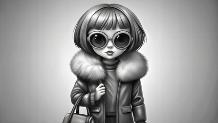 Stylish cartoon girl with oversized sunglasses and fur coat posing in monochrome fashion