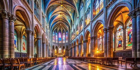 Obraz premium Chartres Cathedral Interior Long Exposure Photography, Gothic Architecture, France, stained glass, high resolution, light trails, mystical, religious, building, travel, tourism, cathedral, church