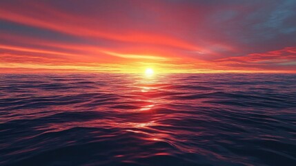 A vibrant sunset over calm ocean waters, creating a serene atmosphere.