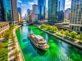 Fototapeta premium Chicago Riverboat Tour, Aerial View, Green River, Reflection, Downtown Chicago, Cityscape, Architecture, Summer, Boats, Dock, River Tour, Chicago Skyline, Illinois, USA, Travel Photography