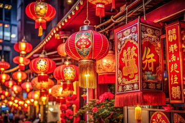 Fototapeta premium Chinese New Year Red Banner Night Photography, Festive Decorations, Lantern Background, Holiday Celebration Image