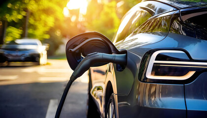 Public charging station. Electric car. EV charger. Close-up of the charging handle.