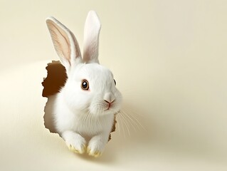 Obraz premium Realistic white Easter bunny with expressive eyes half emerging from a hole in a cream-colored setting