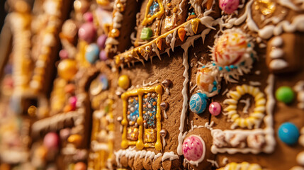 Naklejka premium A Close-Up View of an Ornate and Delicious Gingerbread House Decorated with Colorful Candies and Icings