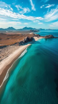 Aerial View of El Tecolote Beach in Baja California Sur, Mexico, for travel and vacation purposes