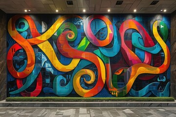 Vibrant mural featuring colorful swirling patterns and abstract shapes.