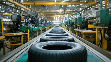 A manufacturing facility with tires on a conveyor belt for production.